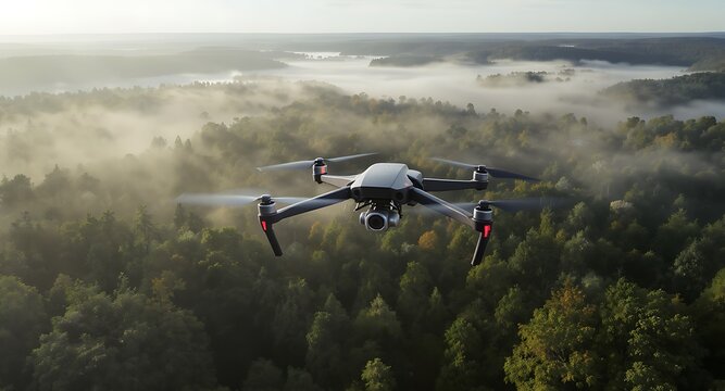 Advanced drone flying high above a serene, misty forest landscape during golden hour, capturing breathtaking aerial footage of nature.