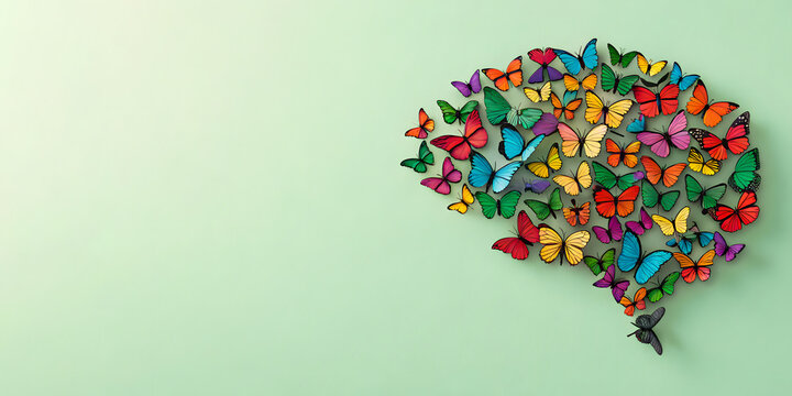Human brain made of multi-colored butterflies on light green background, banner with copy space, concept of neurodiversity and mental problems