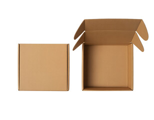 Two cardboard boxes, one closed and one open, isolated on transparent background