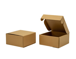 Two cardboard boxes, one closed and one open, isolated on transparent background