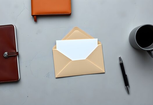 An open envelope with a blank white card inside, placed on a desk next to a notebook, a pen, and a mug of coffee. - Powered by Adobe