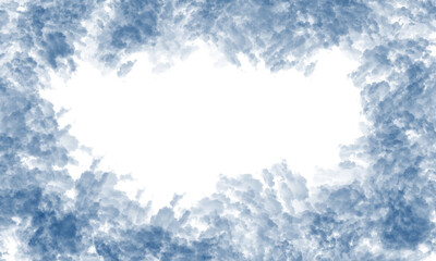 A dark abstract shape with jagged edges against a deep blue background and some white clouds below it