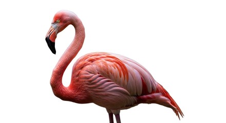 Obraz premium Vibrant pink flamingo with elegant neck and striking black beak, isolated on a clean white background. A symbol of beauty and grace in wildlife.
