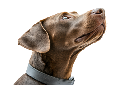 Closeup of a brown doberman pinscher looking up isolated on transparent background the dog has a black collar and is looking to the right with a curious expression on its face