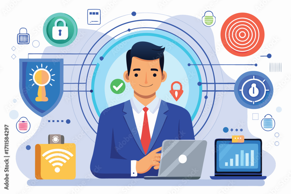 Poster professional man working with cybersecurity tools in modern digital environment