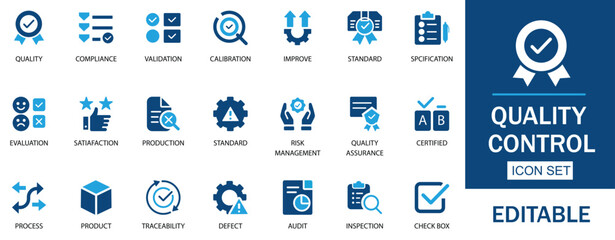 Quality Control Icon Set. Features icons of buttons, certified, compliance, document, evaluation, and satisfaction. Perfect for business management apps and compliance reports.