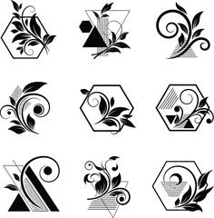 Fototapeta premium Collection of nine abstract geometric and floral decorative design elements in black and white