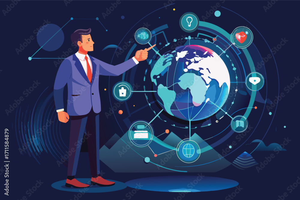 Aufkleber businessman presenting global technology concepts and data visualization in a digital environment