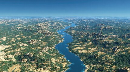 Fototapeta premium High-angle view of a valley with a river winding through a mountainous landscape