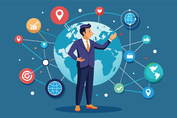 Business professional engages with global connectivity and data visualization in a modern digital landscape