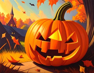 A cheerful jack-o'-lantern in autumnal setting