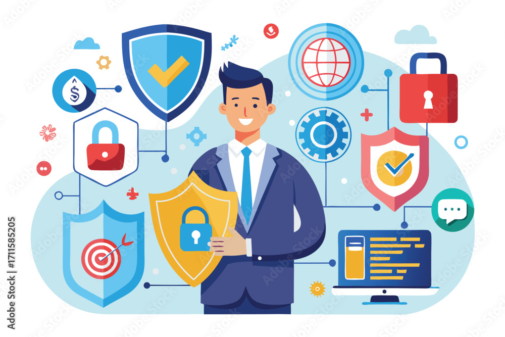 Poster modern security concepts with a confident professional showcasing cybersecurity tools and symbols of