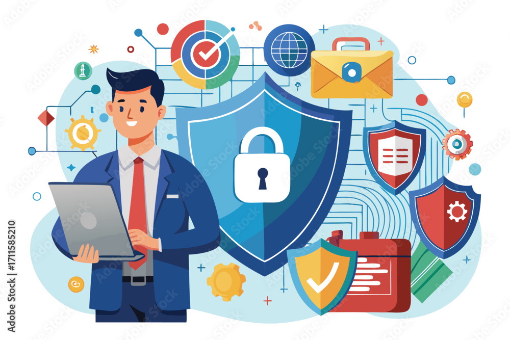 Poster man in business suit using laptop with cybersecurity icons and graphics in modern digital landscape