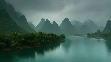 Serene Mountain Landscape Shrouded in Mist with Reflective Water and Mysterious Vibes
