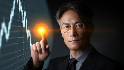 Man suit with glasses touching glowing finger financial graph serious business technology data analysis digital interface stock market investment finance strategy modern touchscreen virtual chart - Powered by Adobe