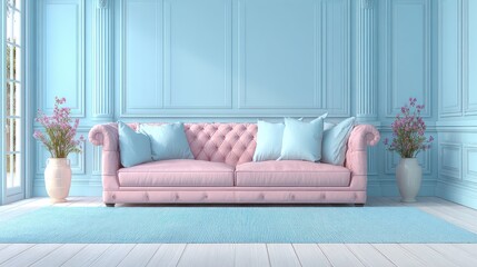 Pastel Pink Tufted Sofa with Light Blue Cushions in Elegant Living Room