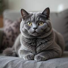 A realistic photo of a British Shorthair cat, round face, dense grey fur, sitting calmly on a sofa, ultra realistic