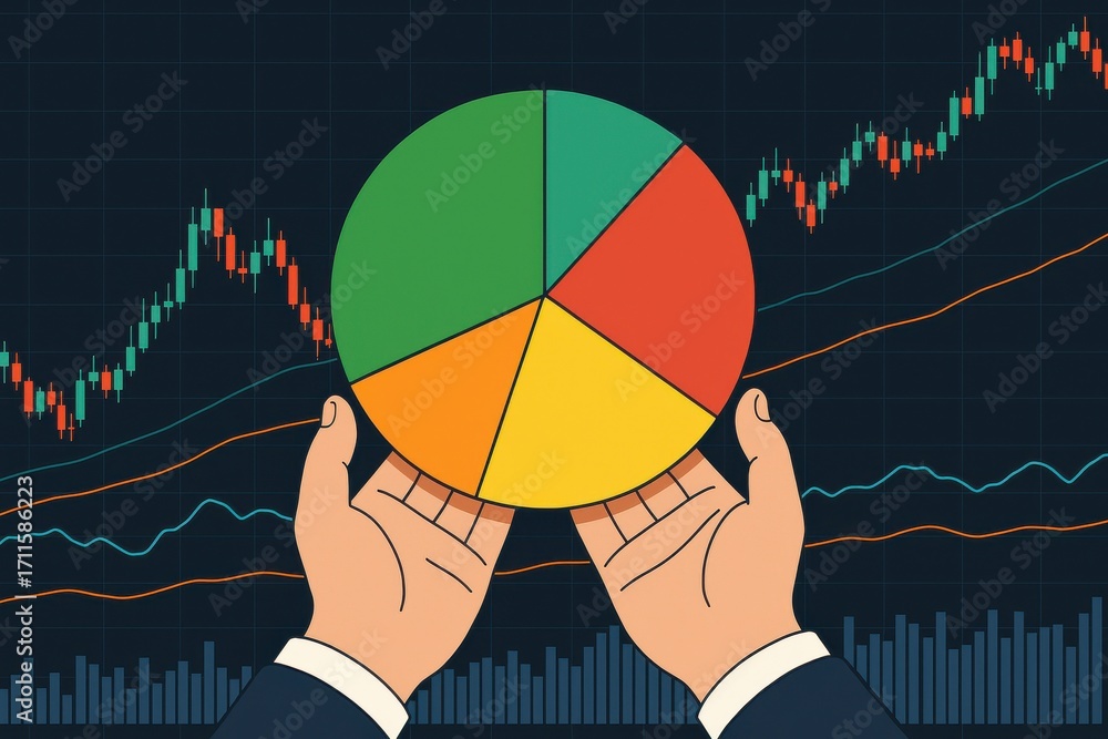Aufkleber hands holding colorful pie chart over stock market graph representation visualization
