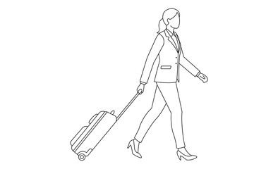 出張や旅行を連想させるキャリーケースを引いた女性のアイコンイラスト