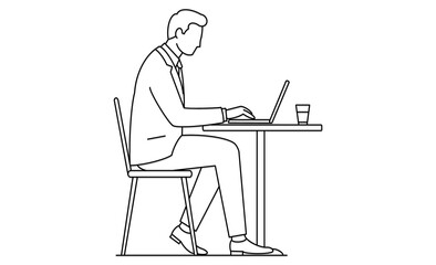 カフェでパソコンを使いリモートワーク中の男性の線画アイコン