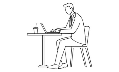 カフェでパソコンを使いリモートワーク中の男性の線画アイコン