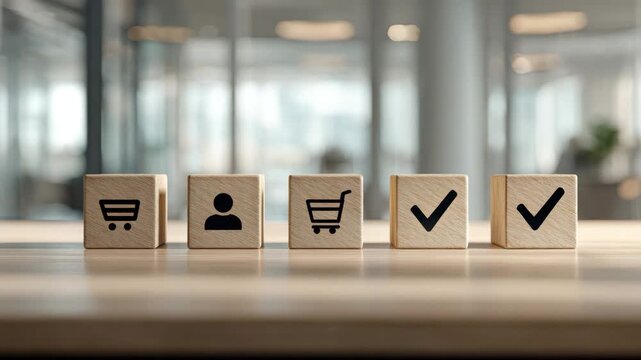 Wooden block with shopping cart, user icon, and checkmark office table representing business commerce, online shopping, user verification, approval, account, order confirmation, and profile concepts