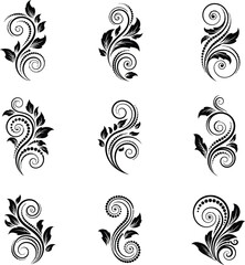 Collection of nine elegant black floral ornamental swirls and decorative elements on a white background