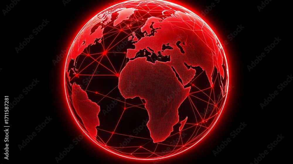 Poster the image depicts a stylized, glowing red globe against a black background, showing continents conne