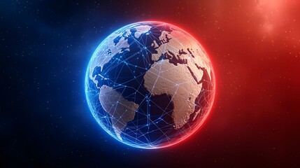 Fototapeta premium The image features a digital rendering of Earth illuminated with a network of glowing connections in a vibrant, colorful space-themed background.
