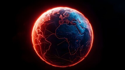 Fototapeta premium The image showcases a digital globe with glowing red network connections that outline continents and intersect, creating a futuristic, high-tech global network visualization.