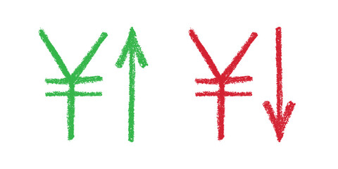 Hand drawn yen currency symbol Growth and fall profit with arrow up and down Brush stroke doodle Element for design
