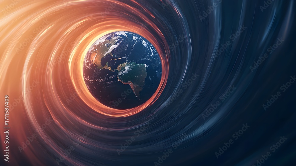 Poster the image presents a vibrant earth surrounded by swirling bands of orange and blue, creating a dynam
