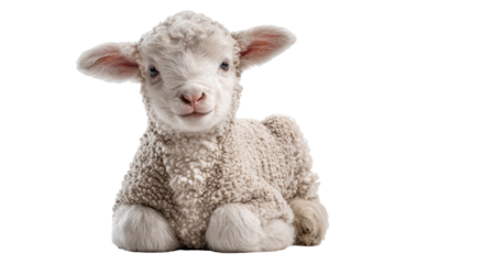 Cute, fluffy lamb, light beige fleece, sitting, front view