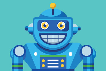 Cartoon robot character with big smile and bright colors on a solid background