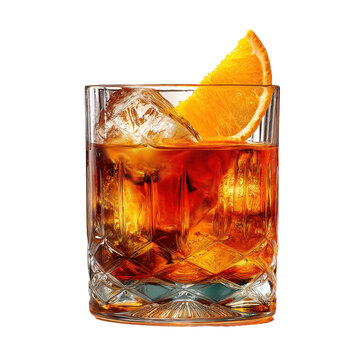 Old fashioned cocktail glass with orange slice garnish over large ice cube, amber whiskey drink with crystal tumbler texture, warm moody bar atmosphere, inviting classic cocktail