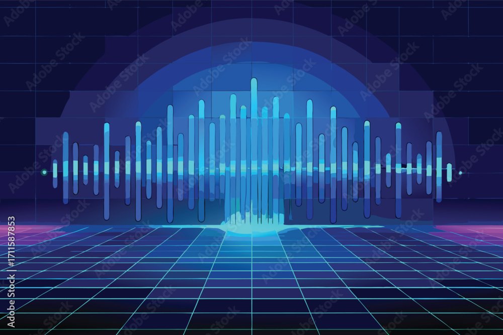 Poster visual representation of sound wave patterns delivered in vibrant blue tones over a grid background