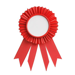 A bright red rosette with a blank white center and flowing ribbons, isolated on transparent background, ideal for customizable awards and recognition