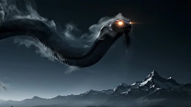 A Colossal Mythical Serpent with Glowing Eyes Soars Majestically Over a Dark, Misty Mountain Range.