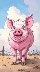 A cheerful pink pig in a sunny landscape