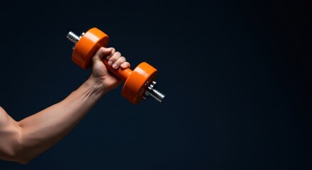 Woman holding an orange dumbbell for fitness training. Concept of strength, sport, exercise, and a healthy lifestyle, providing copy space.