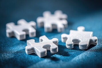 Close-up of four white jigsaw puzzle pieces on a blue surface
