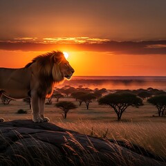 Majestic Lion at Sunrise in African Savanna.