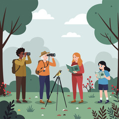 People birdwatching and reading together in a forest scene with trees, flowers, and foliage