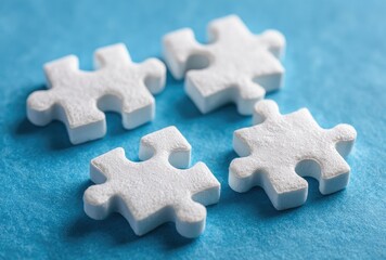 Four white puzzle pieces on a blue surface