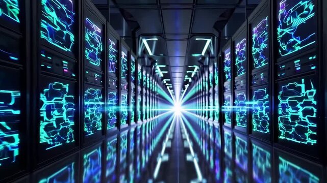 Supercomputer and quantum server racks in data center control room.