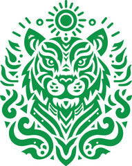 green and white tiger head with a sun in the middle