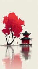 Red pagoda on a lake with a vibrant red tree