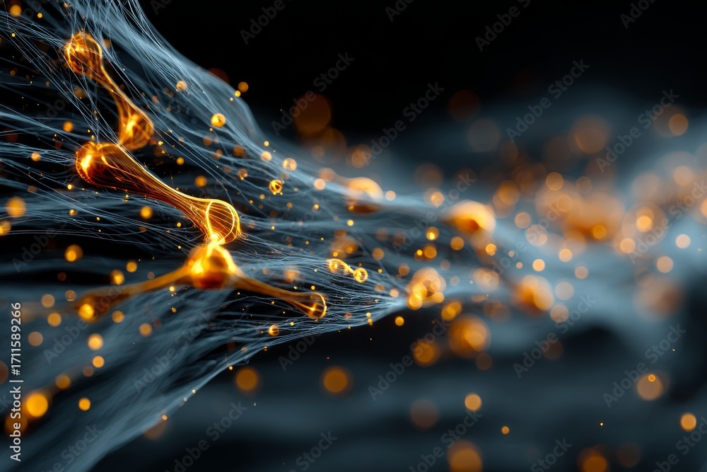 Poster golden particles are flowing through futuristic network creating a mesmerizing abstract background