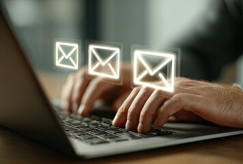 Hands typing on laptop with email icons