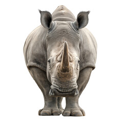 Obraz premium White rhinoceros frontal view thick skin texture isolated powerful mammal facing camera with horn and wrinkles in studio lighting, dramatic and intense expression